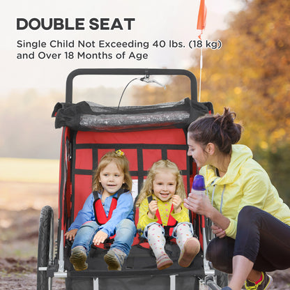 Aosom 2-in-1 Bike Trailer for Kids, Foldable 2-Seat Baby Stroller with 5-Point Harness, Rubber Wheels, Storage Bag, Red