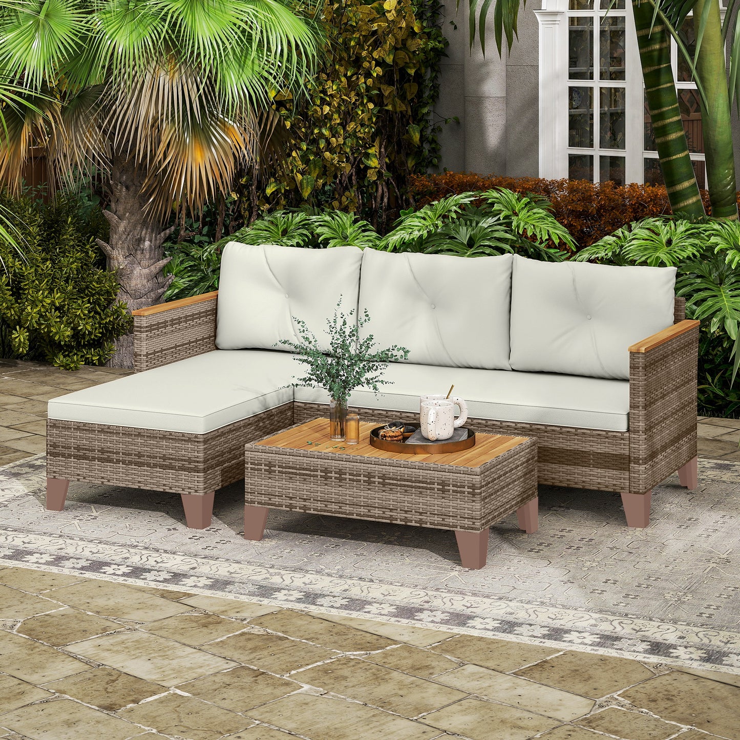 3 Piece Patio Furniture Set, L-Shaped Outdoor Furniture Conversation Set with Wood Top Coffee Table, Cream
