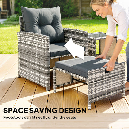 5 Piece Patio Furniture Set, Wicker Patio Chairs with Ottomans, 2-Tier Glass Coffee Table and Cushions, Grey/Dark Grey