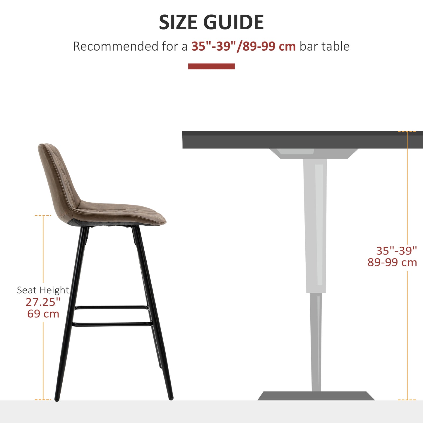 PU Leather Counter Height Bar Chairs Set of 2, 27.75" Bar Stools with Metal Legs for Dining Area, Kitchen Island, Brown