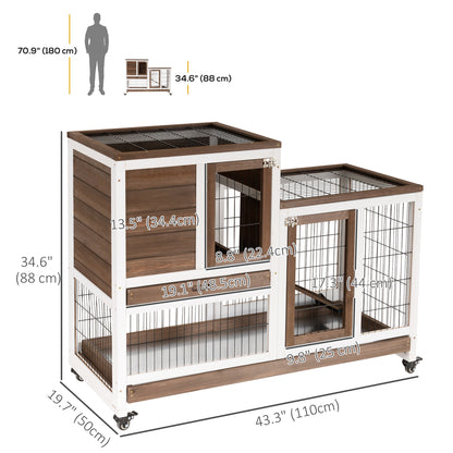 Wooden Rabbit Hutch, Indoor Bunny Cage with Wheels, Pull Out Trays, Run, Brown