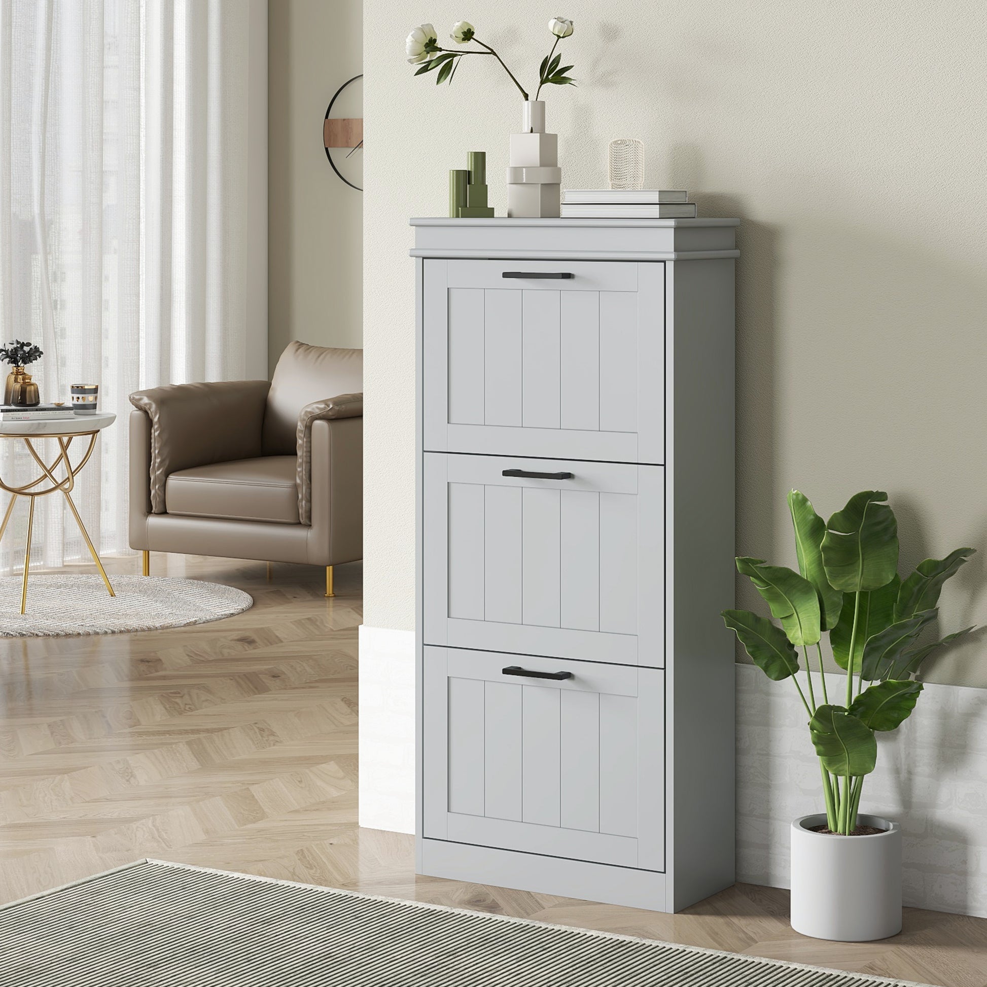 Slim Shoe Cabinet with 3 Flip Drawers and Adjustable Shelves, Narrow Shoe Cabinet for 15 Pairs of Shoes, Grey