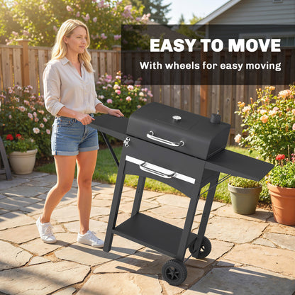 Charcoal Grill with 2 Side Tables, Barbecue Grill with Thermometer and Warming Rack, Wheels, 43.3"x18.3"x39.8", Black