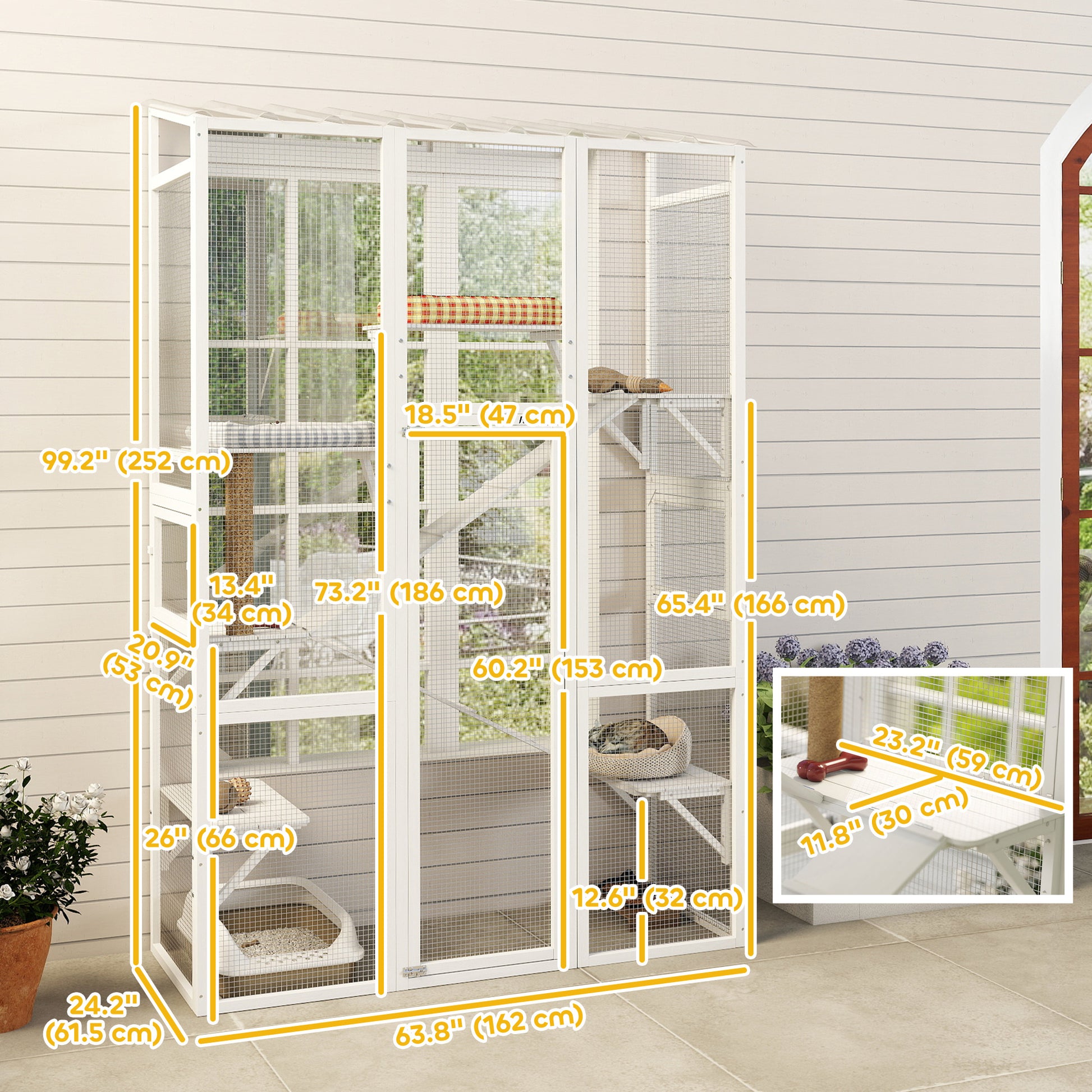 Large Outdoor Catio with 6 Jumping Platforms, Scratching Post, 2 Ramps, Waterproof Roof, White