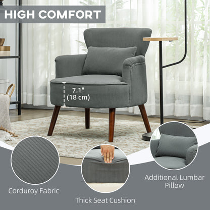 Modern Accent Chair, Upholstered Armchair with Solid Wood Legs and Lumbar Pillow for Living Room, Grey