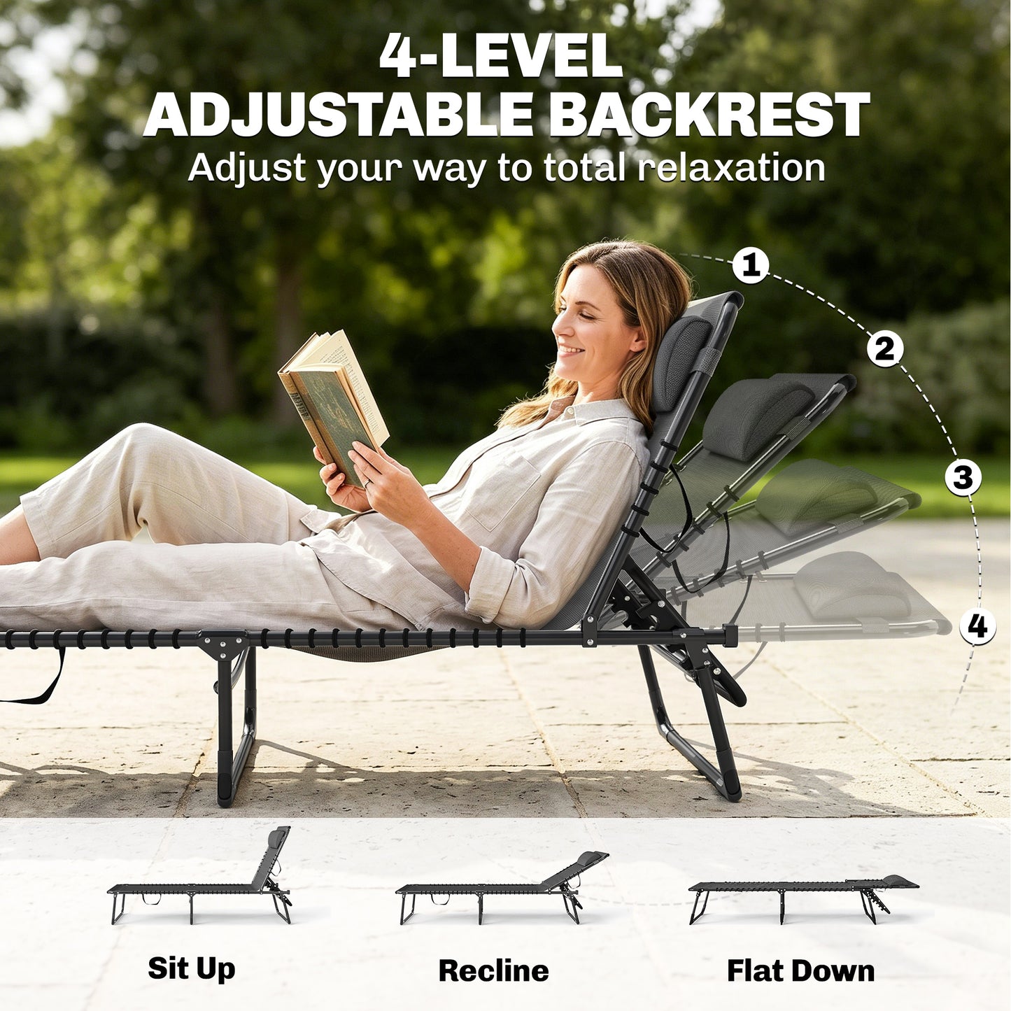 2 PCs Folding Lounge Chairs, Adjustable Chaise Lounges with Headrest, Reclining Lounger Cot for Camping, Hiking, Grey