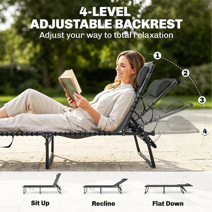 2 PCs Folding Lounge Chairs, Adjustable Chaise Lounges with Headrest, Reclining Lounger Cot for Camping, Hiking, Grey