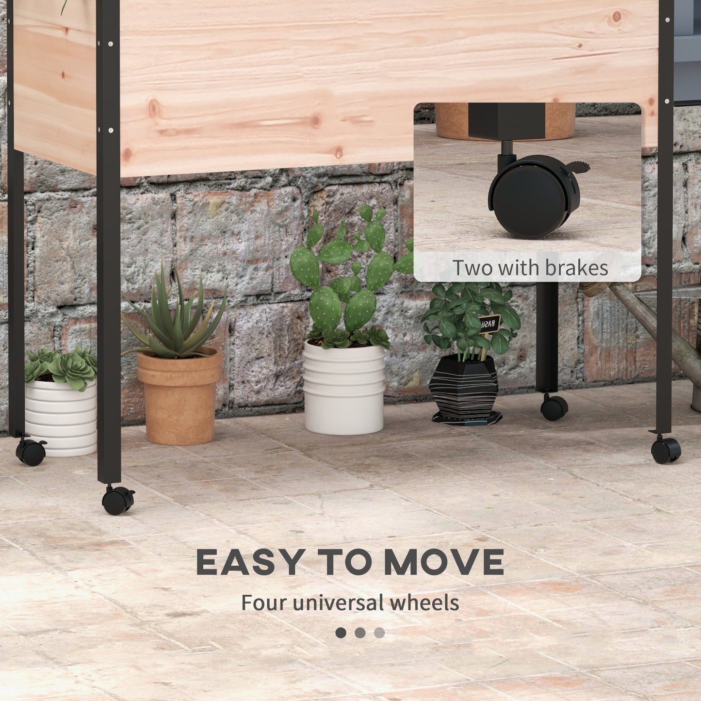 Wooden Elevated Planter Box, Raised Garden Bed with Wheels, Metal Legs, Drainage Holes and Bed Liner