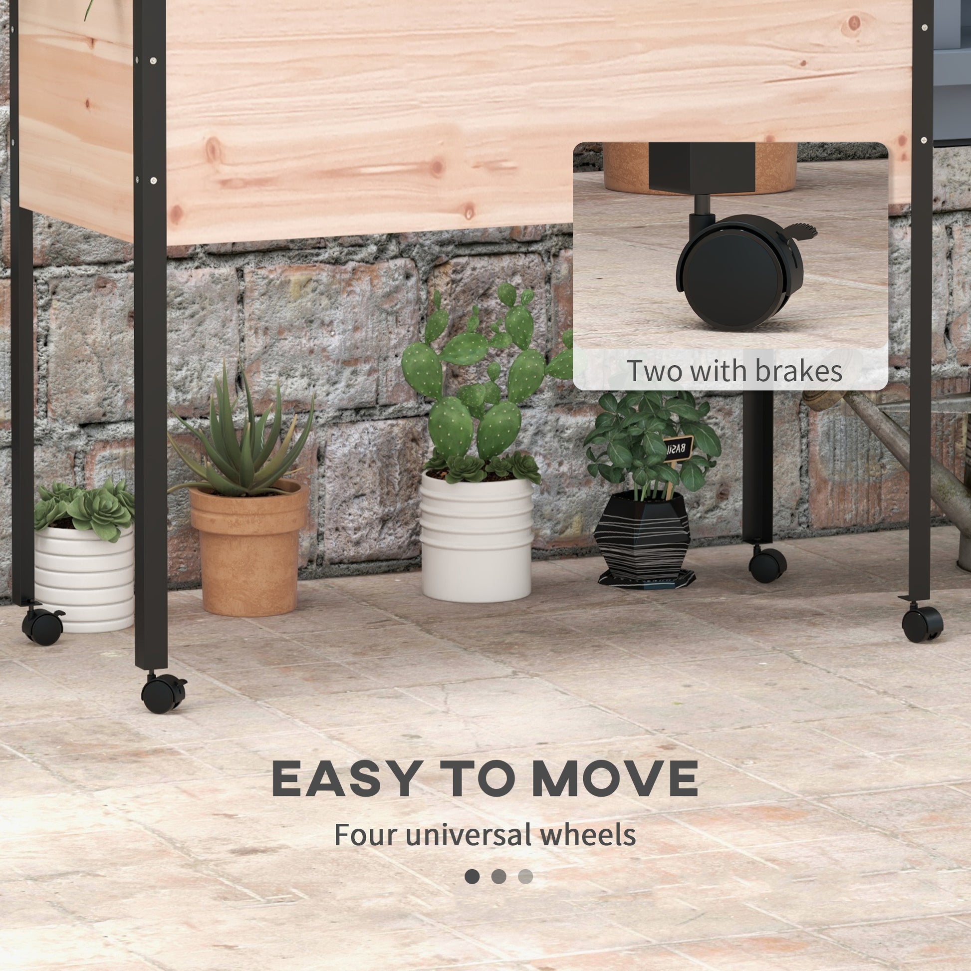 Wooden Elevated Planter Box, Raised Garden Bed with Wheels, Metal Legs, Drainage Holes and Bed Liner