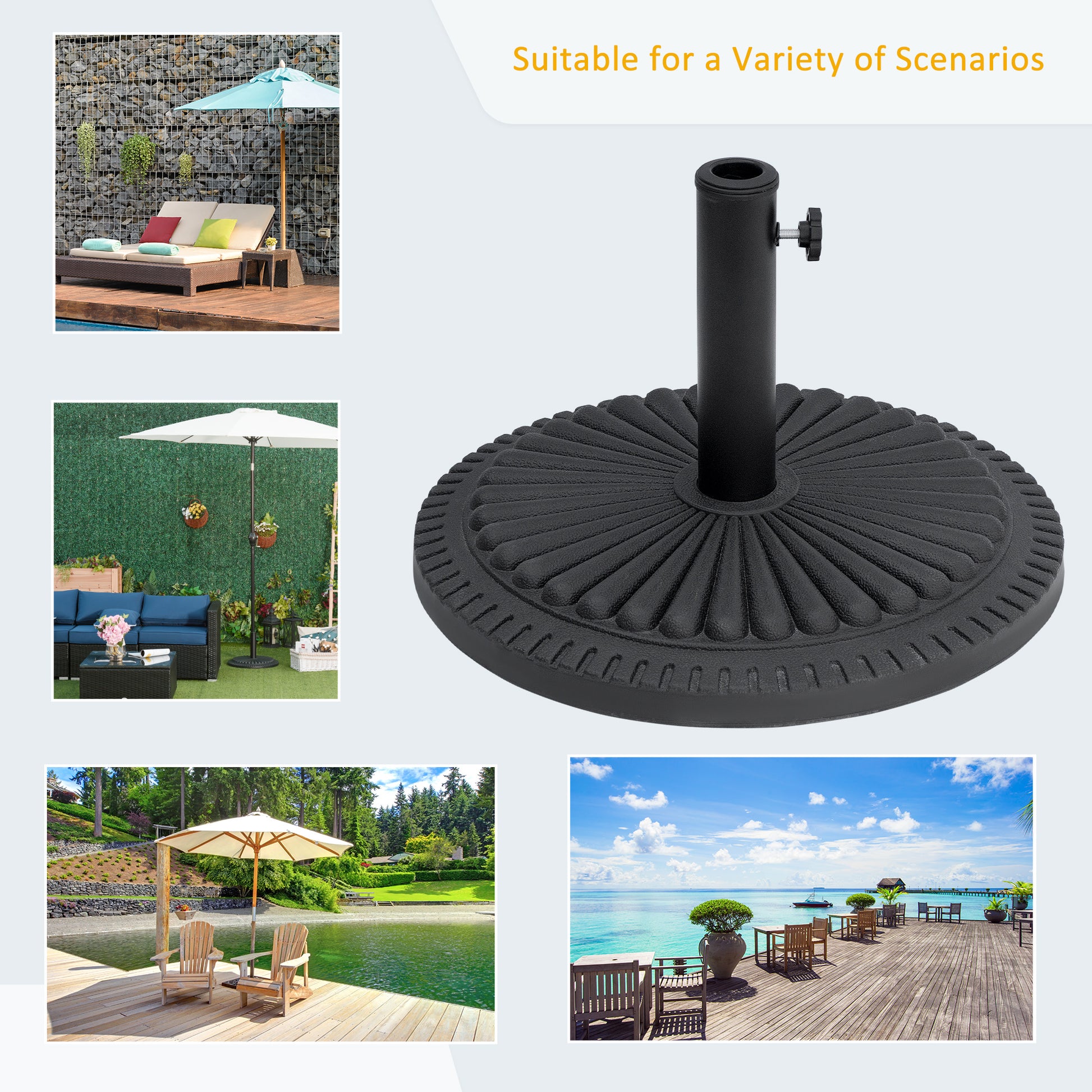 Patio Umbrella Base Stand, Round Cement Parasol Holder for Outdoor, Patio, Garden, Beach, Fits Φ1.4", Φ1.5" and Φ 2" Pole, Black