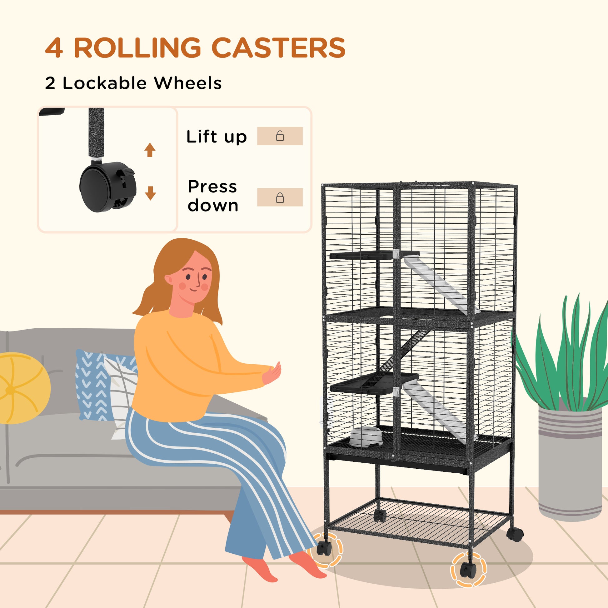 Rolling Small Animal Cage 53.5"H Chinchilla Cage for Ferrets, Squirrels w/ Removable Tray, Storage Shelf, Dark Grey
