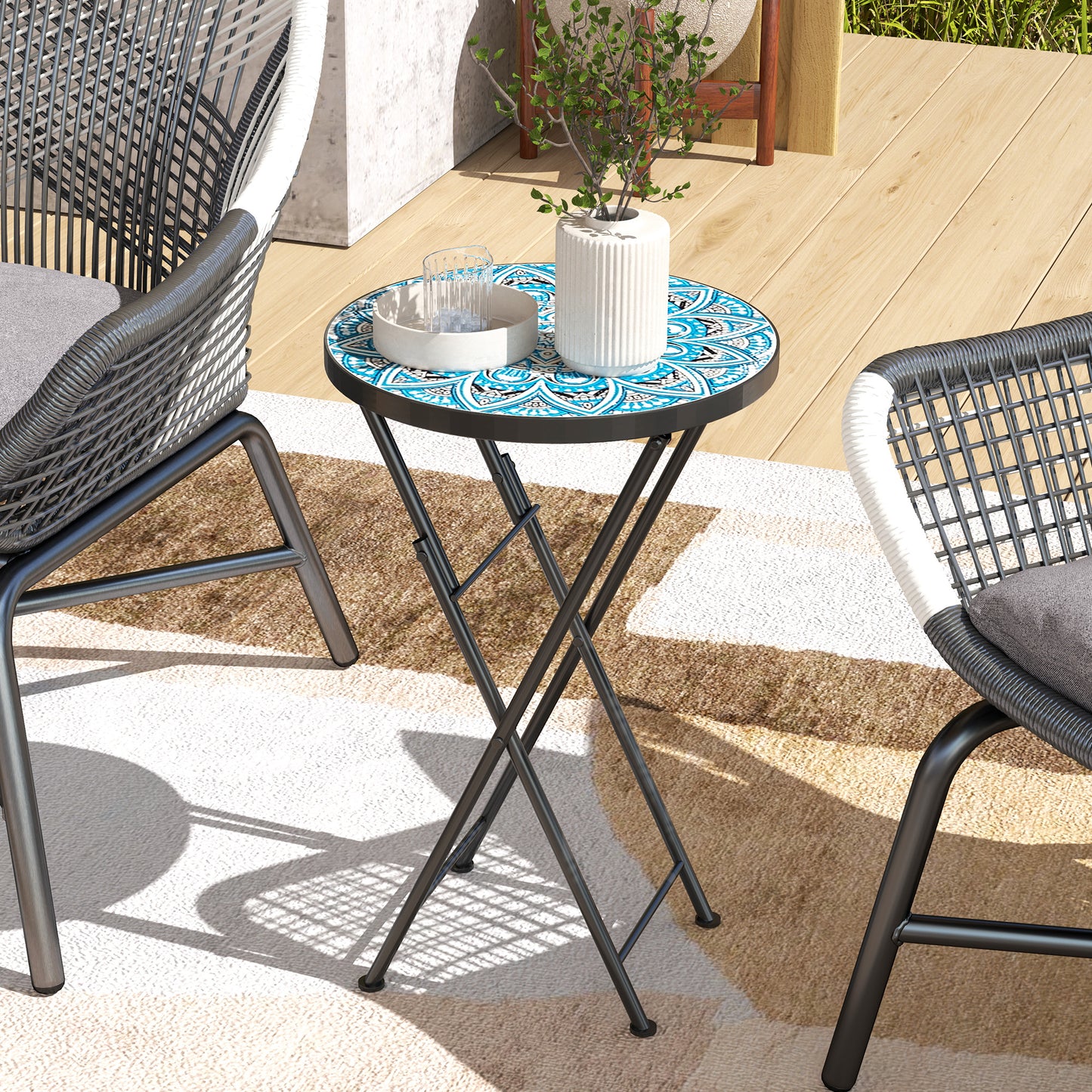 Mosaic Outdoor Patio Side Table, 14" Round Folding Outdoor Coffee Table with Steel Frame for Balcony Deck Patio Terrace, Blue