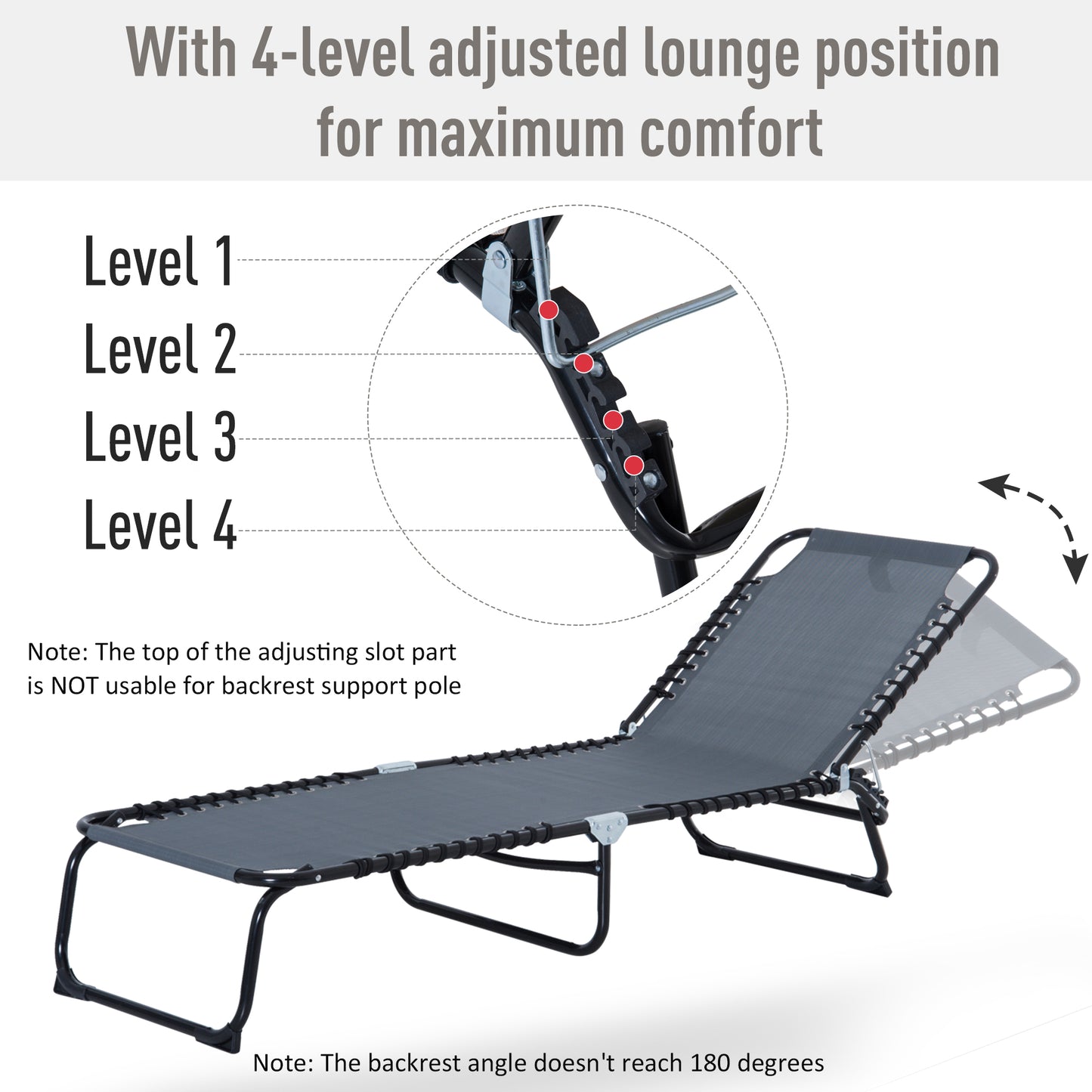 Outdoor Folding Lounge Chair, 4-Level Adjustable Chaise Lounge with Headrest, Tanning Chair Beach Bed, Reclining Lounger Cot for Camping, Hiking, Backyard, Grey
