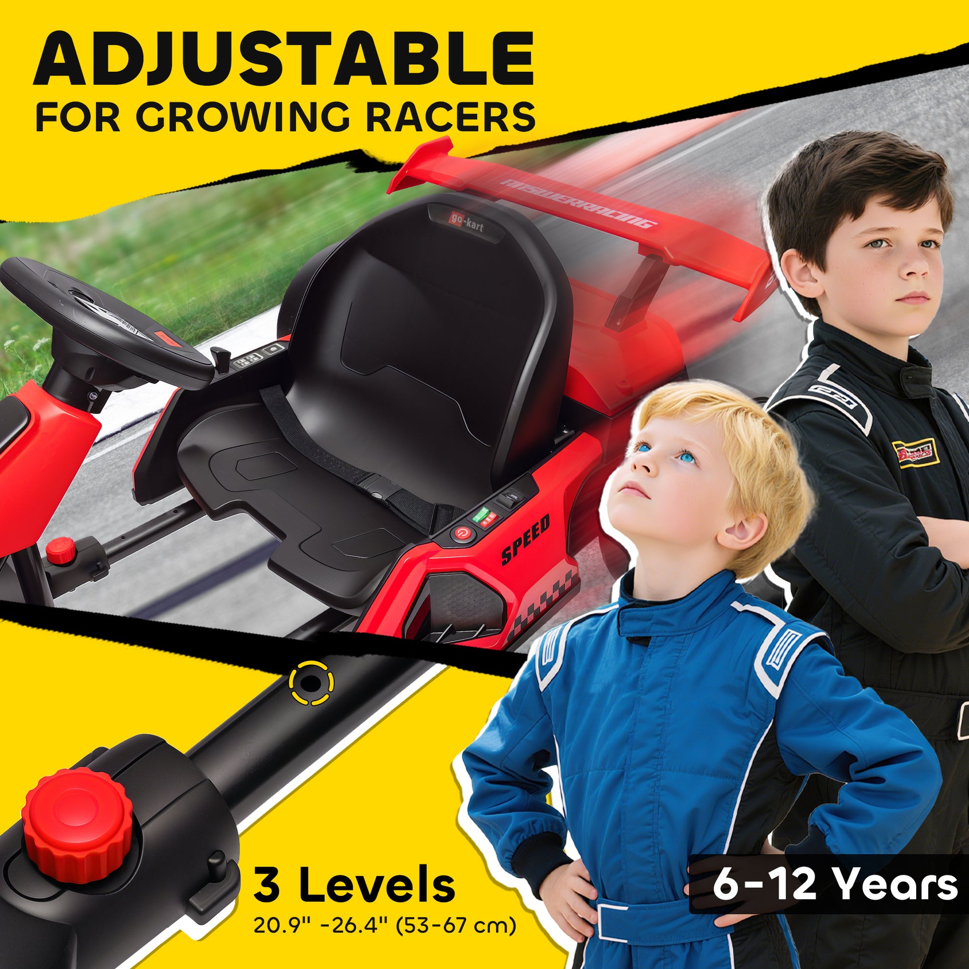 Aosom 24V Electric Go Kart, Battery Powered Kids Drift Kart with Adjustable Seat, Seat Belt, Horn, Music, Light, Red