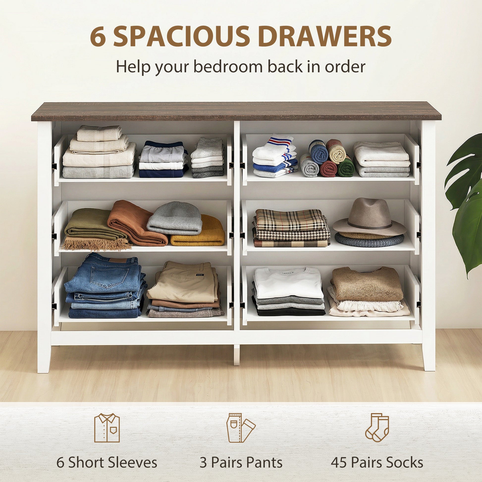 Wide Dresser for Bedroom with 6 Drawers Storage Chest of Drawers for Living Room, Closet, Laundry, Entryway