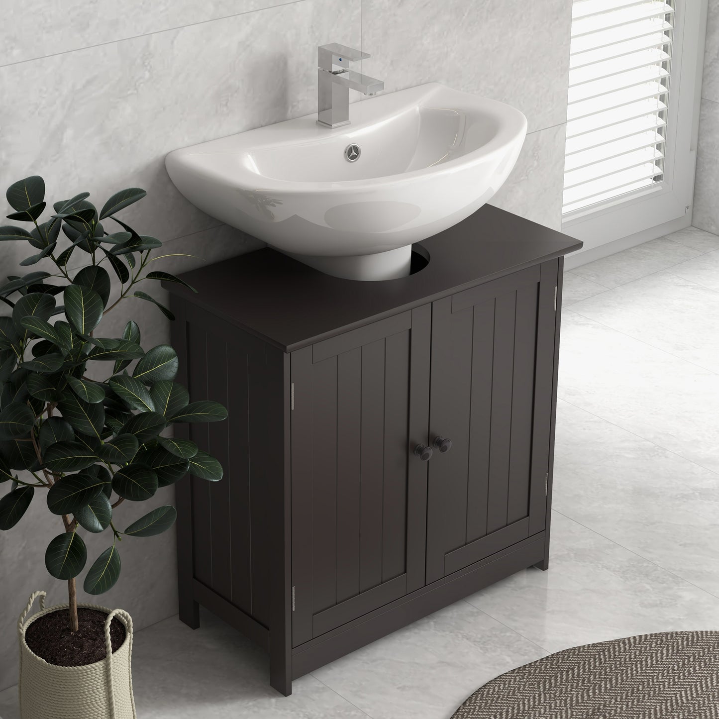 Bathroom Vanity, 24" Pedestal Sink Bathroom Vanity Furniture with 2 Doors and Shelf, Coffee