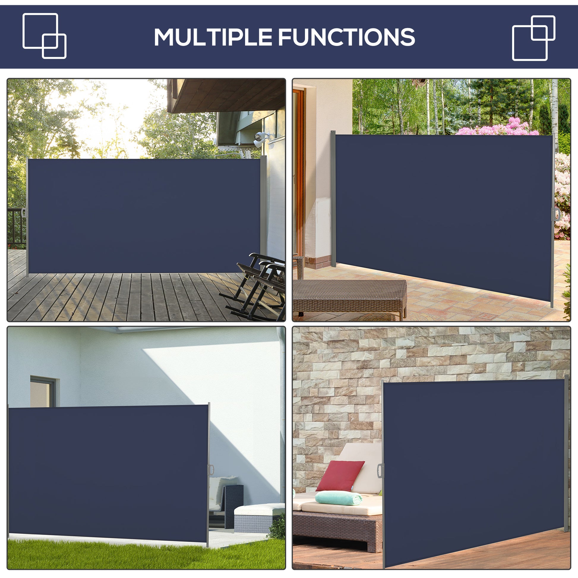 118" x 79" Outdoor Folding Privacy Screen Retractable Side Awning Patio with Resistance to UV Rays and Wind Dark Blue