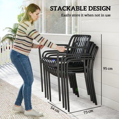 Stackable Patio Chairs Set of 4, Outdoor Dining Chairs with Slatted Seat, Curved Backrest, Armrests, Black