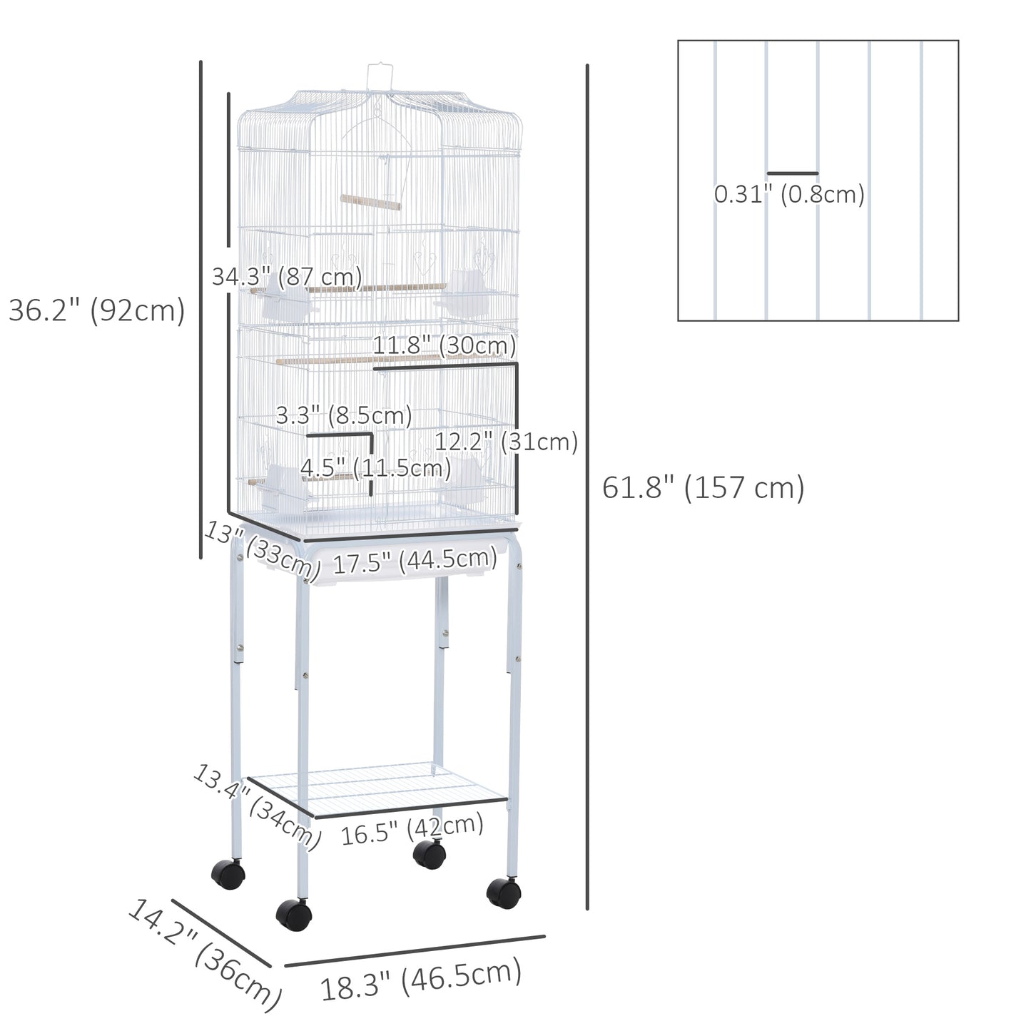 62" Rolling Bird Cage Cockatoo House Play Top Finch Pet Supply with Storage Shelf, Wheels - White