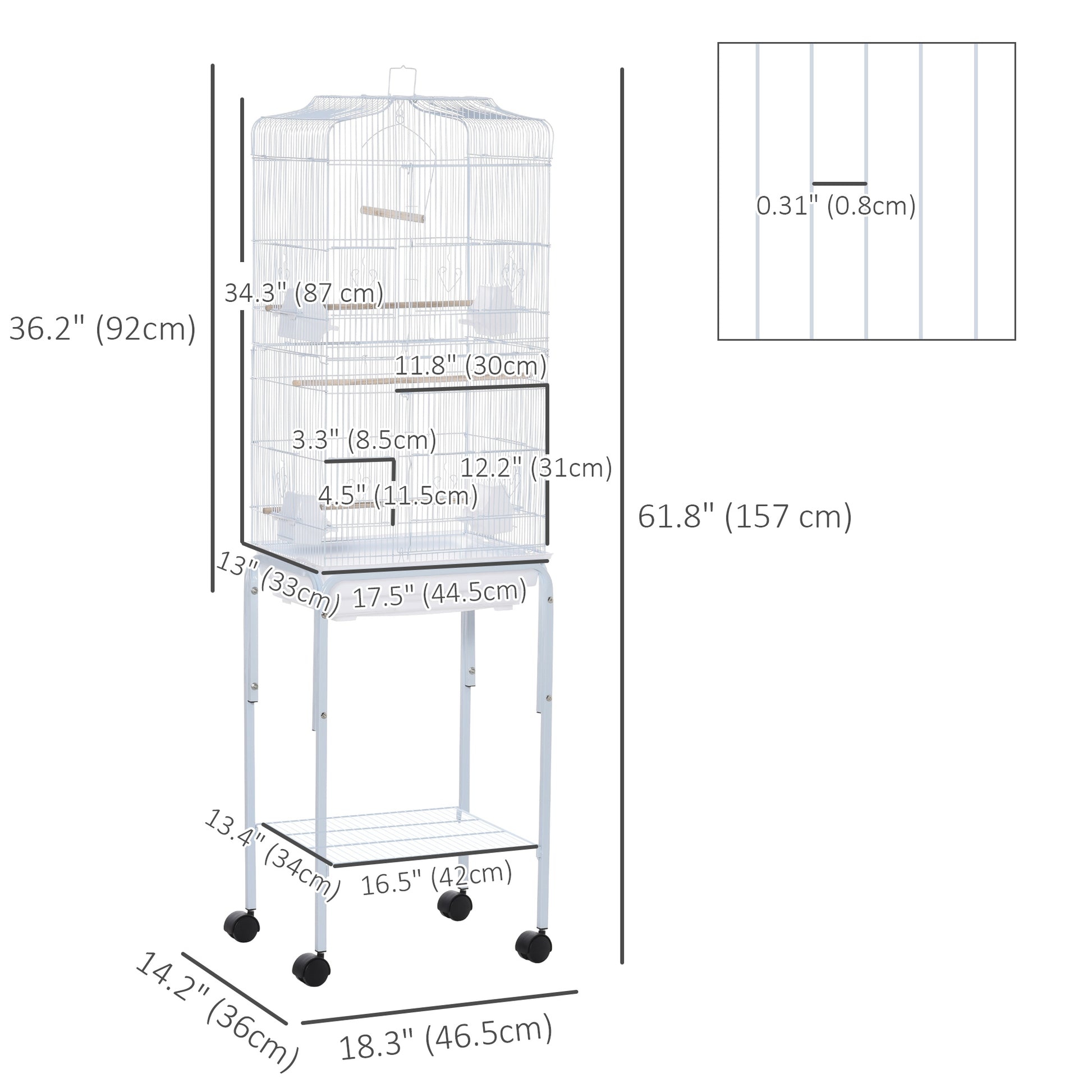 62" Rolling Bird Cage Cockatoo House Play Top Finch Pet Supply with Storage Shelf, Wheels - White