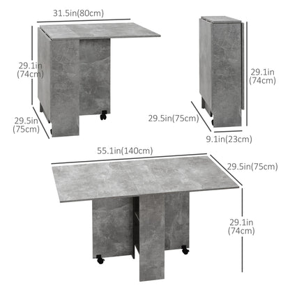 Extendable Dining Table, Collapsible Folding Table w/ 2-tier Shelves and Rolling Casters, Grey