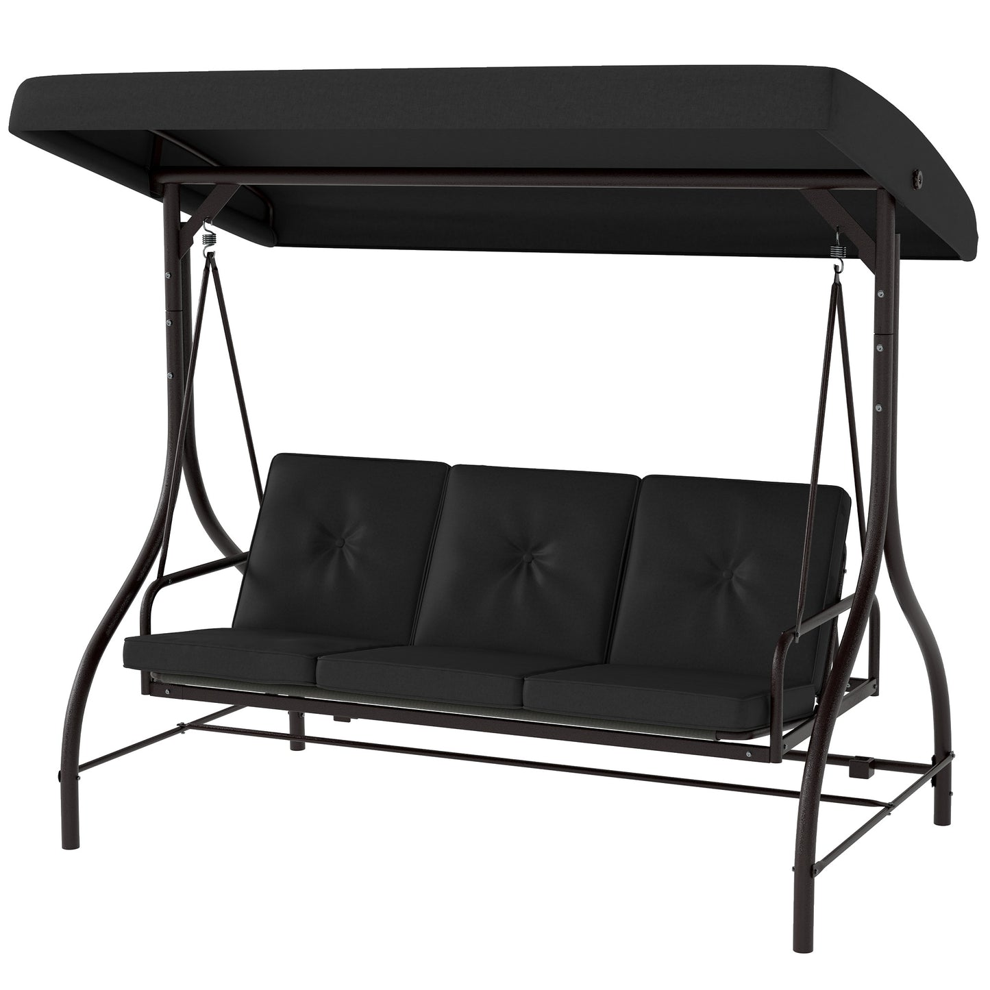 Convertible Patio Swing Bed with Canopy and Cushions, 3 Seater Porch Swing for Outdoor, Backyard, Garden, Black