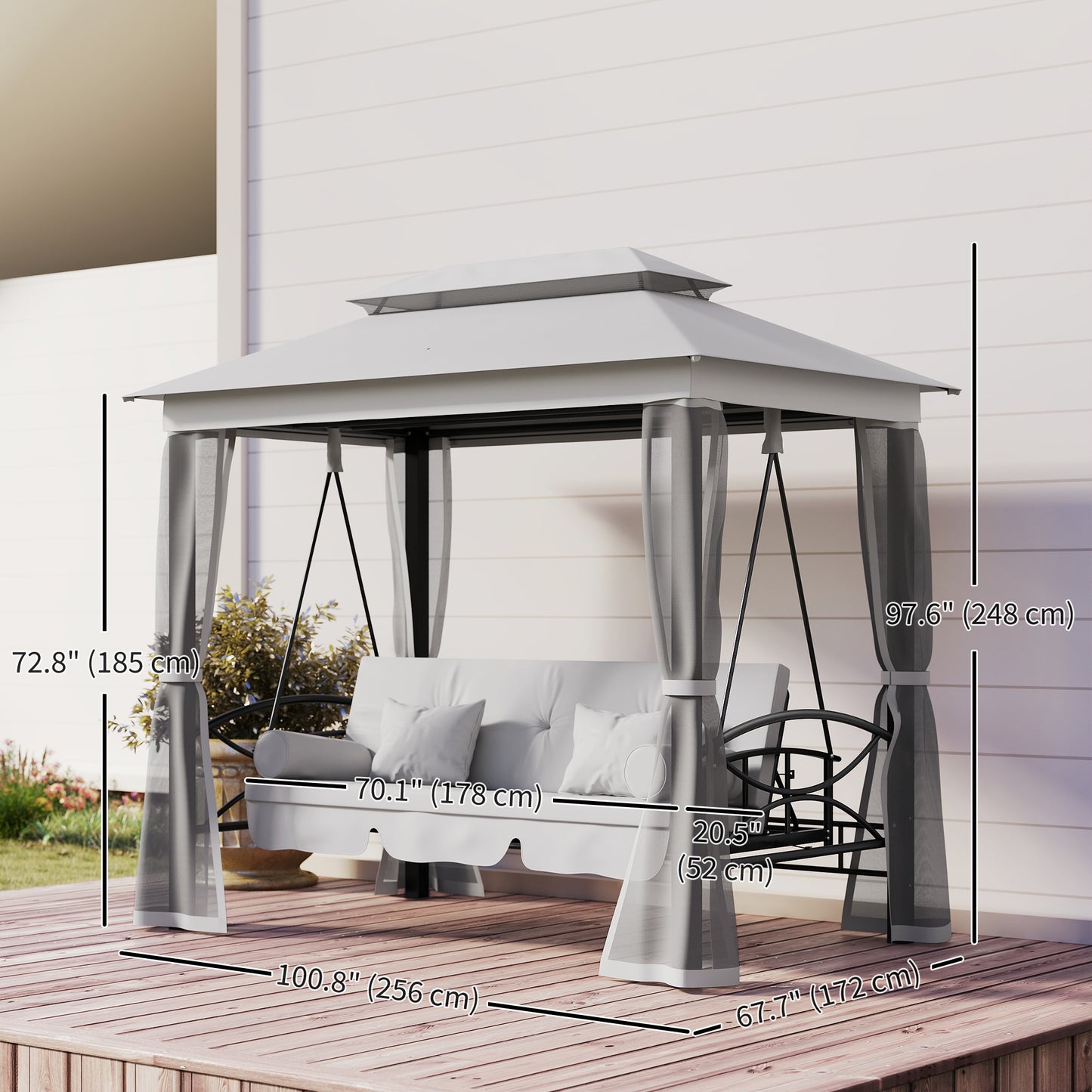 3 Person Outdoor Patio Daybed, 3 in 1 Canopy Gazebo Swing Chair Garden Hammock with Mesh Mosquito and Sun Shade, Grey
