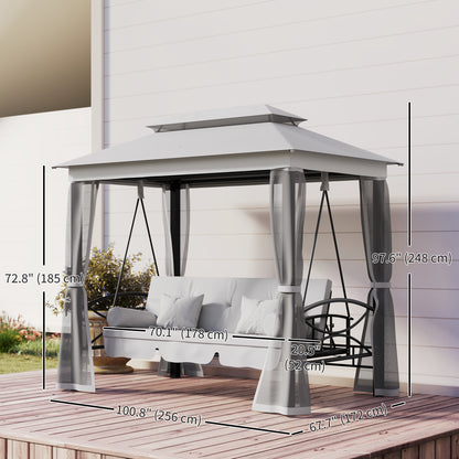 3 Person Outdoor Patio Daybed, 3 in 1 Canopy Gazebo Swing Chair Garden Hammock with Mesh Mosquito and Sun Shade, Grey