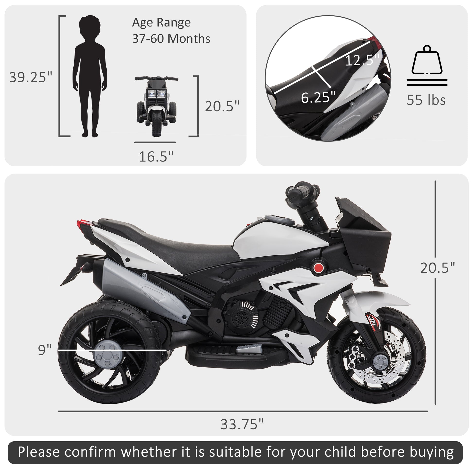 Aosom Kids Electric Pedal Motorcycle Ride-On Toy 6V Battery Powered w/ Music Horn Headlights Motorbike for Girls Boy White