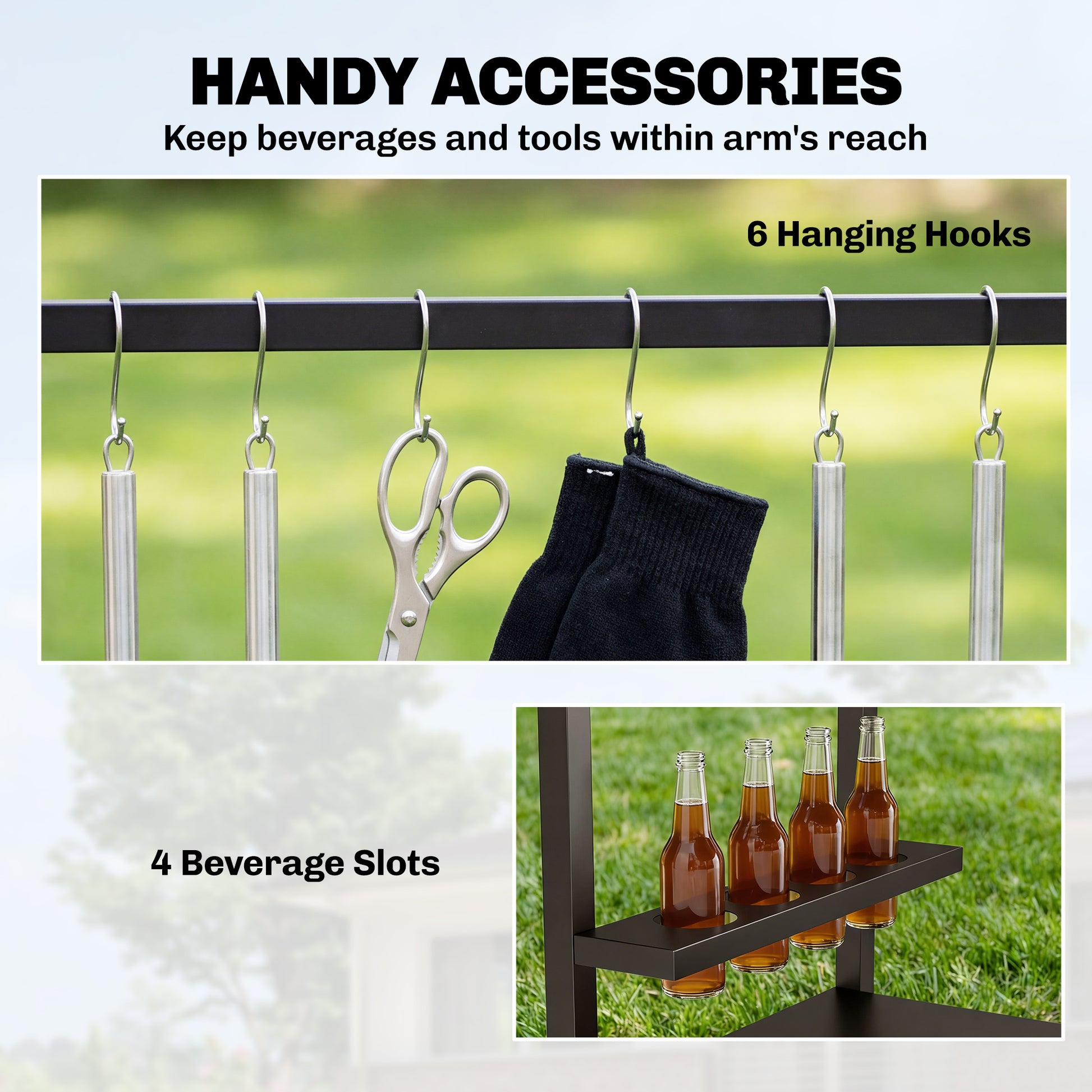 Outdoor Grill Cart, 2-Tier Pizza Oven Stand, BBQ Stand with Beverage Holder, Hooks, Wheels, Black and Brown