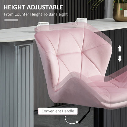 Velvet-Touch Bar Stool Set of 2 Fabric Adjustable Height Armless Counter Chairs with Swivel Seat, Pink