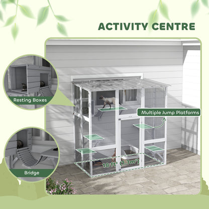 Large Outdoor Catio with Weatherproof Roof, Bridge, Resting Box, Platforms, White