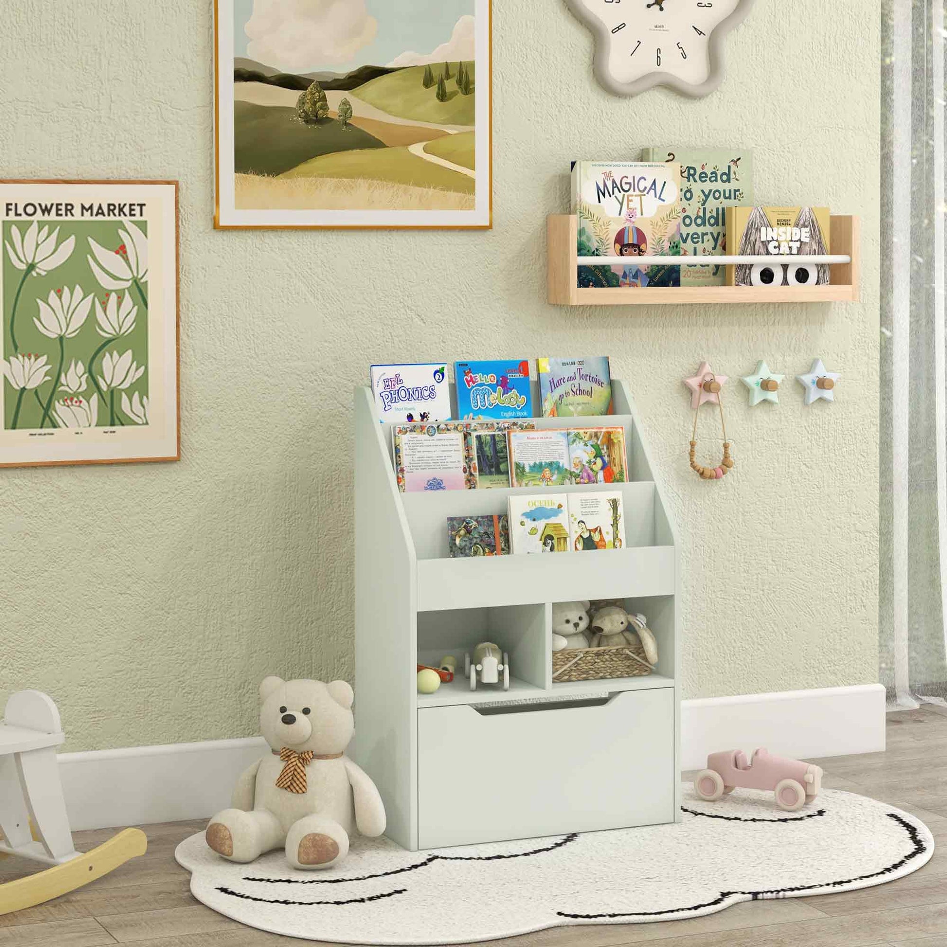 Kids Bookcase with Storage Drawer for Books, Reading Nook, for Classroom, Bedroom, Playroom, Green