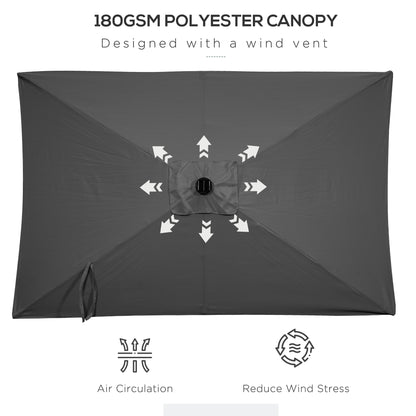 6' x 10' Patio Umbrella with 22 LED Solar Lights and Tilt, Rectangular Outdoor Table Umbrella with Crank, Dark Grey
