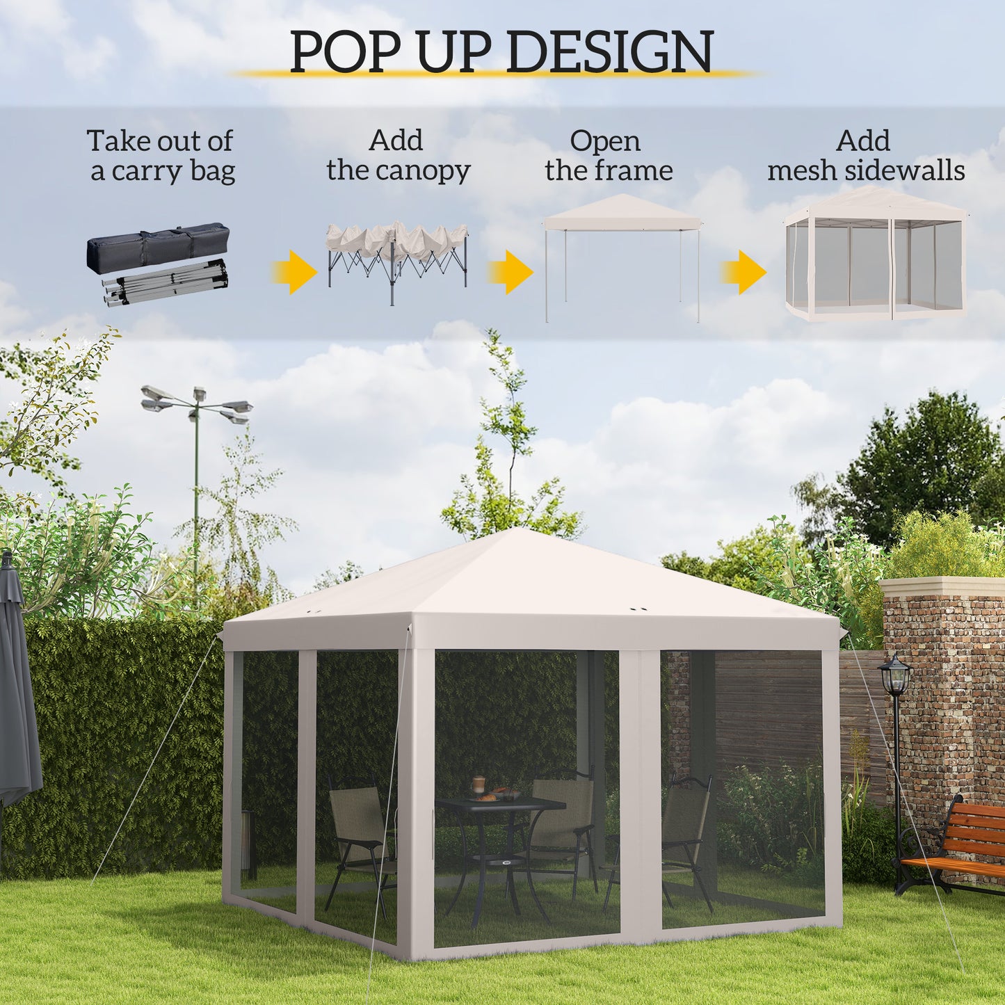 10' x 10' Pop Up Canopy Tent Gazebo, Foldable Canopy Tent with Zipper Mesh Sidewalls and Carry Bag, Easy Setup Screen Shelter for Backyard Patio Outdoor, Beige