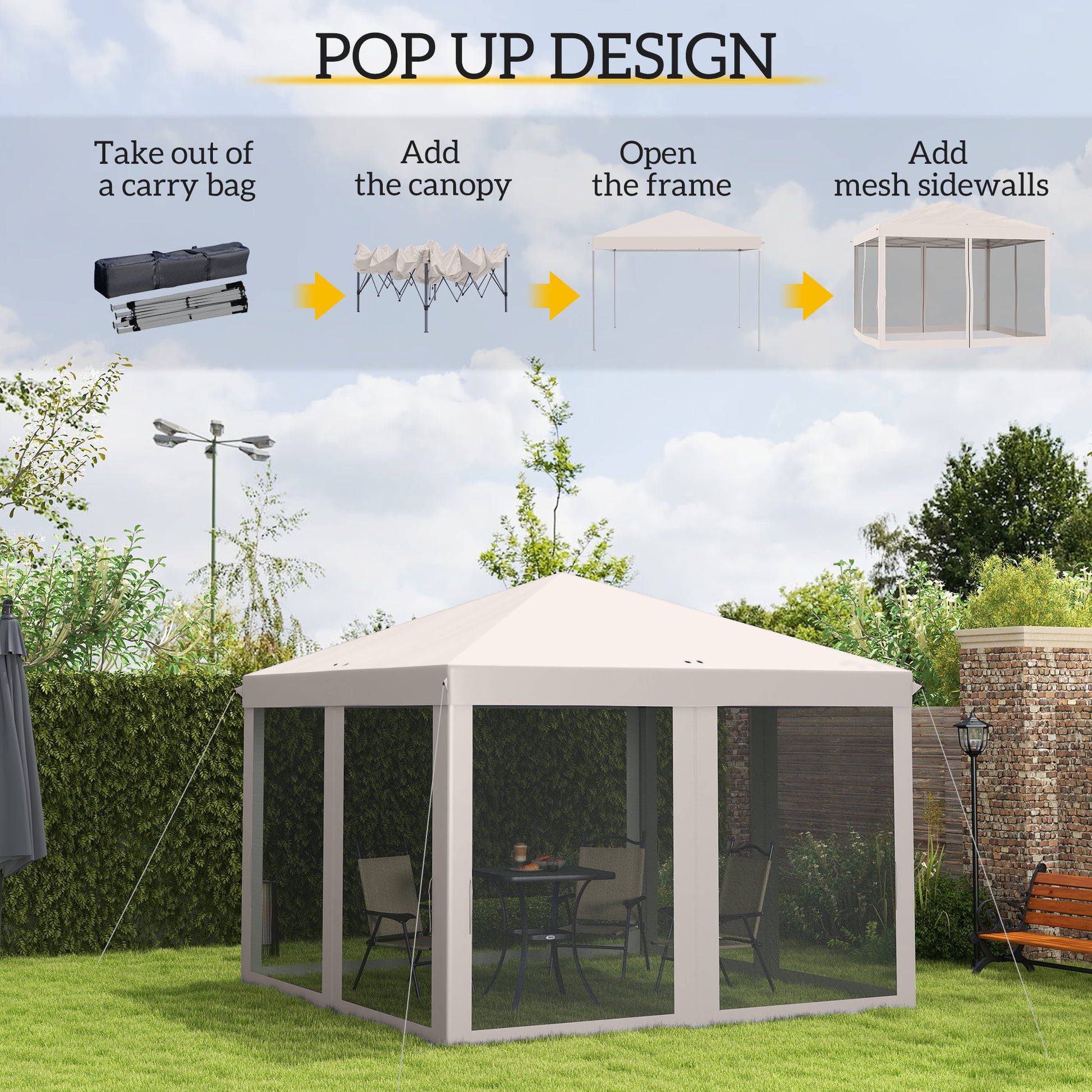 10' x 10' Pop Up Canopy Tent Gazebo, Foldable Canopy Tent with Zipper Mesh Sidewalls and Carry Bag, Easy Setup Screen Shelter for Backyard Patio Outdoor, Beige
