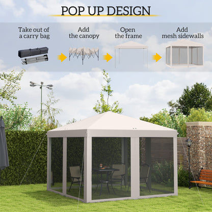 10' x 10' Pop Up Canopy Tent Gazebo, Foldable Canopy Tent with Zipper Mesh Sidewalls and Carry Bag, Easy Setup Screen Shelter for Backyard Patio Outdoor, Beige