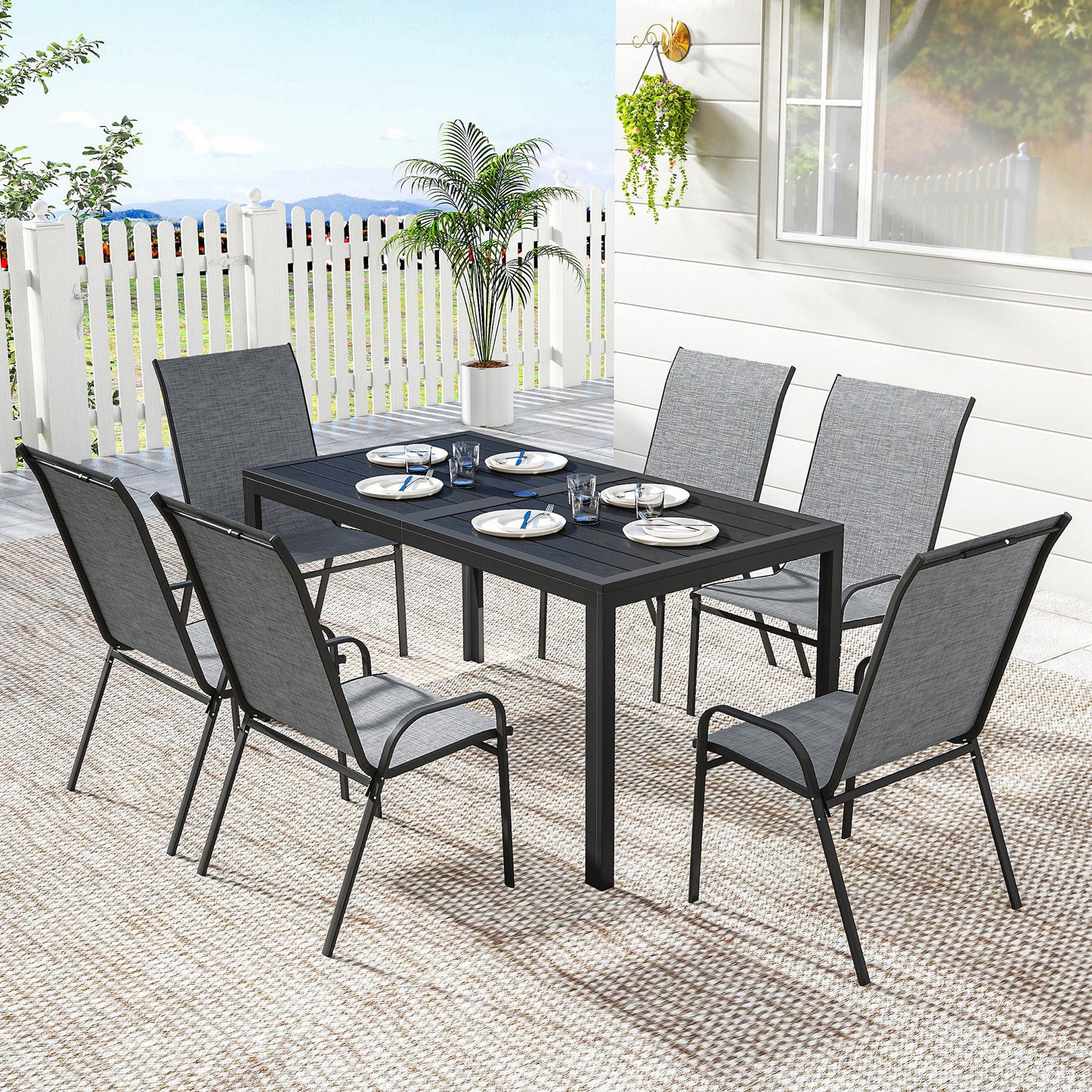 Outdoor Dining Set for 6, Faux Wood Metal Patio Table and Mesh Stackable Chairs with Umbrella Hole, Mixed Grey