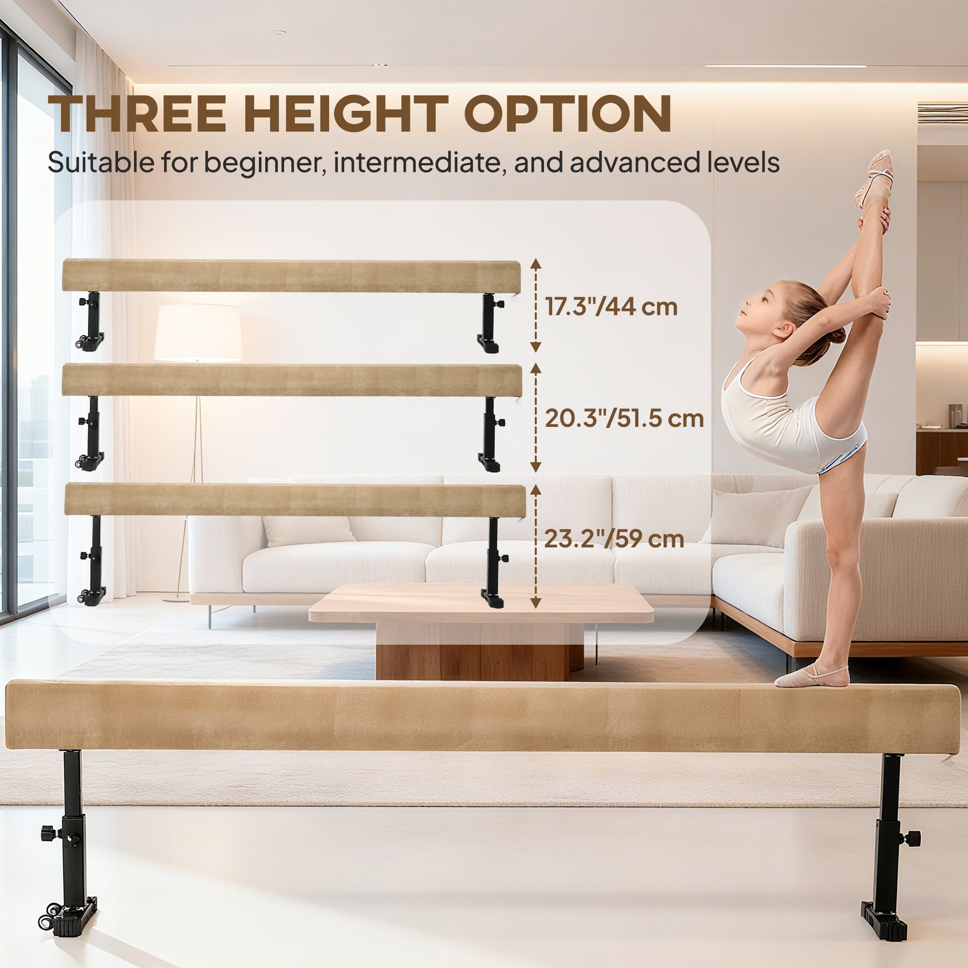 Soozier 7.5ft Adjustable Balance Beam, Gymnastics Beam with Wheels, Gymnastics Equipment for 6+ Years Old Training, Practice, and Professional Home Training, Brown