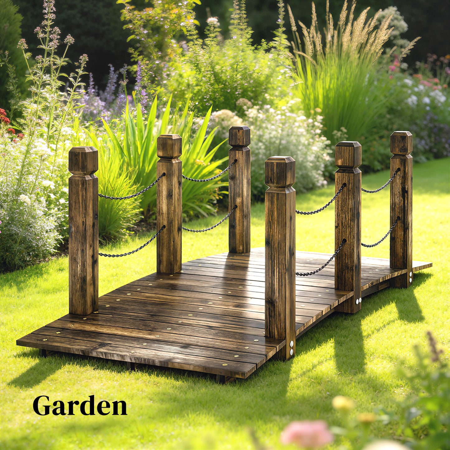 Garden Bridge Carbonized Wood Decorative Footbridge with Chain Handrails for Backyard Walkway 5ft Carbonized