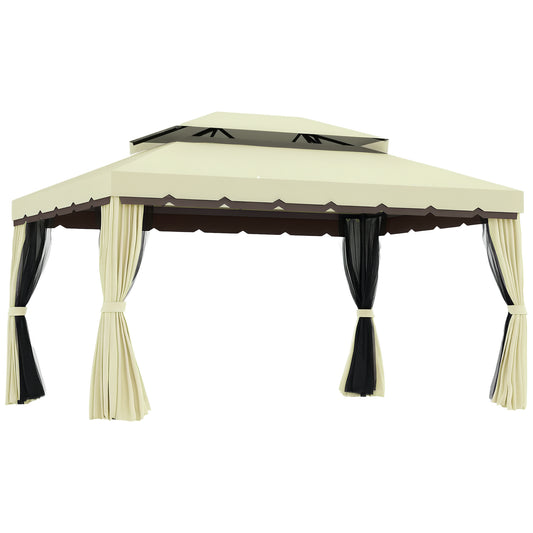10'x13' Soft-top Aluminum Gazebo Deck Canopy Double Tier Garden Shelter with Netting and Curtains, Cream White