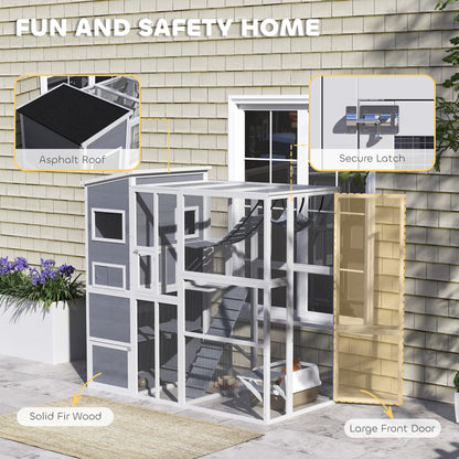 76" Catio Outdoor Cat Enclosure with Cat Condo, Jumping Platforms, Ladder, Ramps, Hammock for 2-3 Indoor Cats, Grey