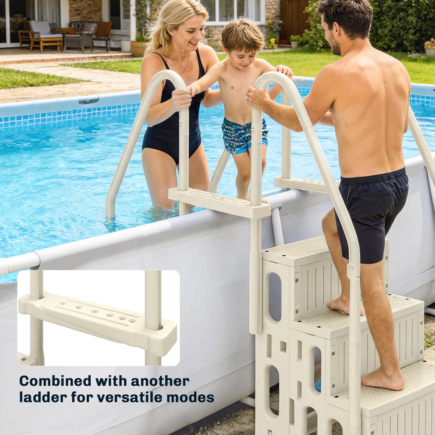 Swimming Pool Ladder Adjustable for Above Ground Pools w/ Non-Slip Steps & Dual Handrails 4-Step Cream White