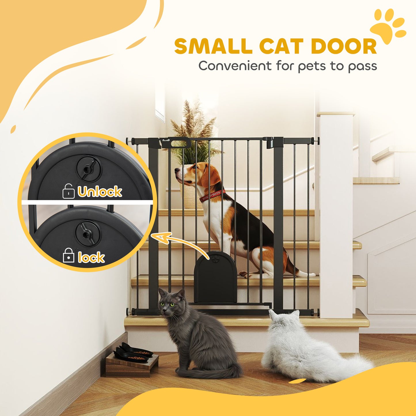 30"-41" Extra Wide Pet Gate Barrier with Small Door, 35"H Dog Gate with Safety Gate Barrier, Stair Pressure Fit, Black