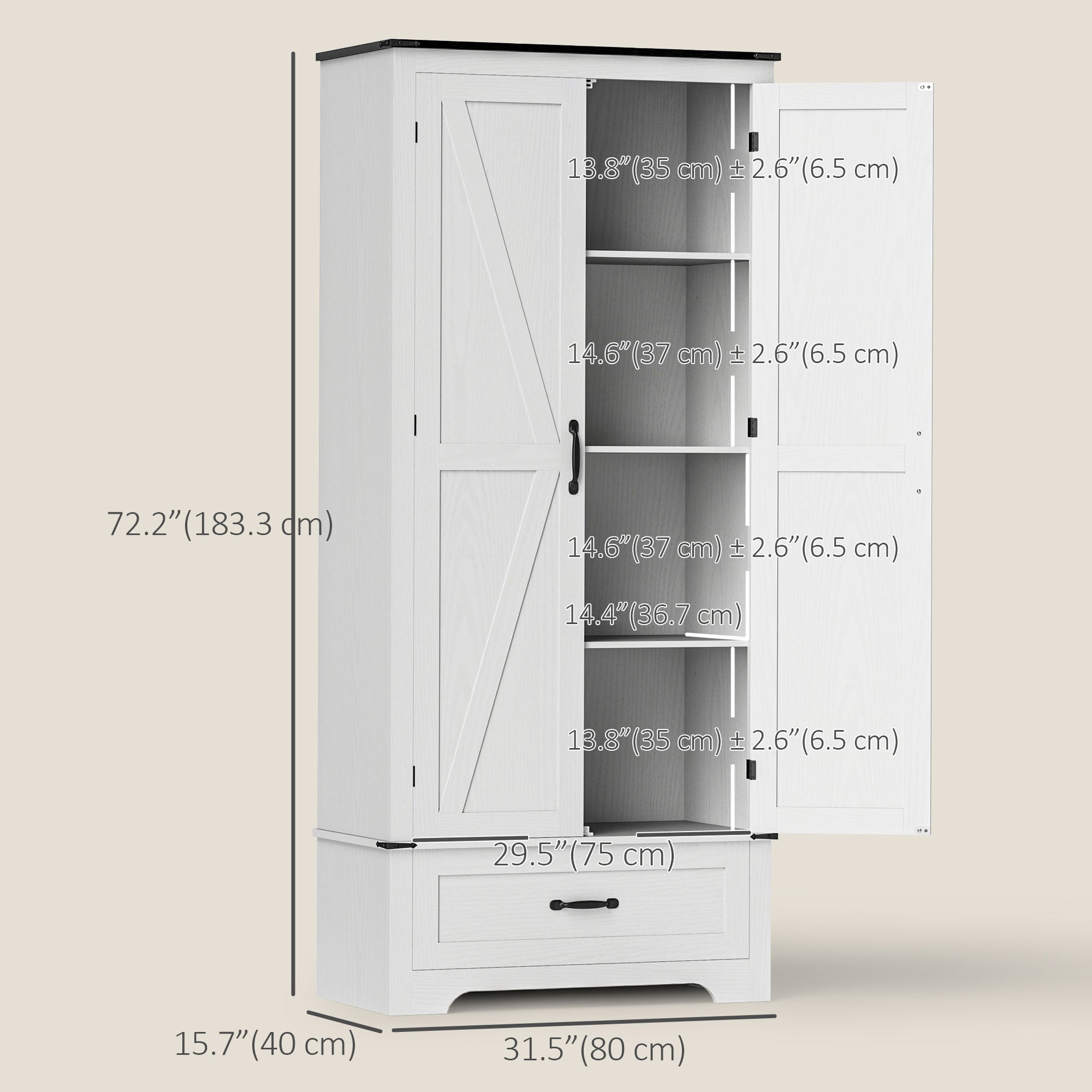 72" Farmhouse Pantry Cabinet with Adjustable Shelves, Kitchen Pantry Cabinet with 2 Doors, White Wood Grain