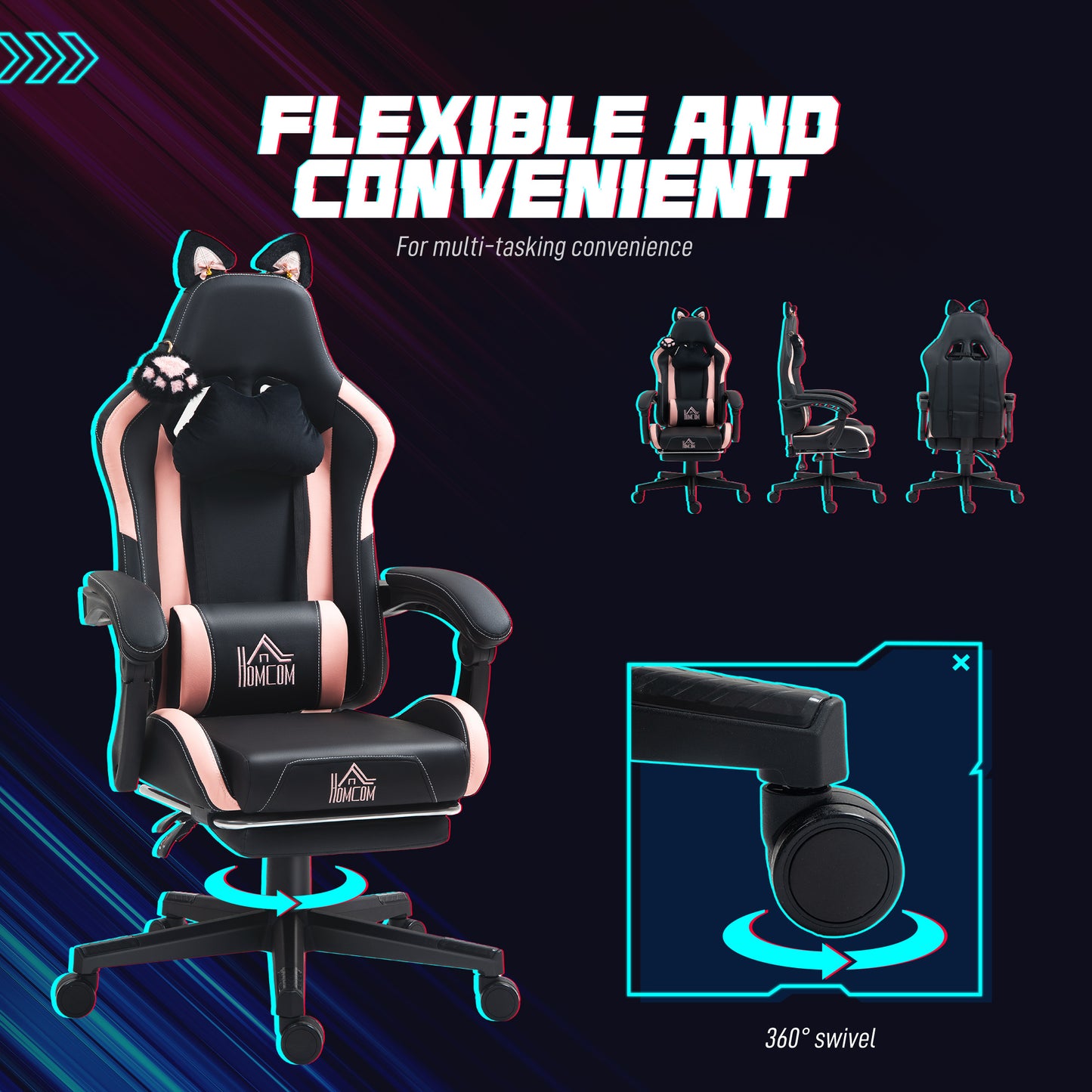 Cute Racing Gamer Chair, Faux Leather Gaming Chair with Footrest, Headrest and Lumbar Support, Black