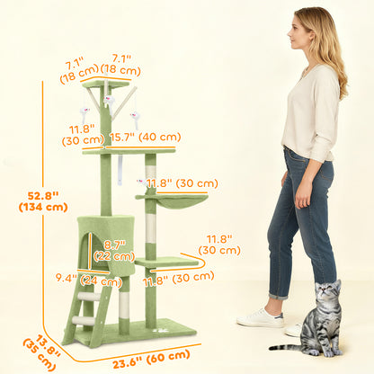 53" Cat Tree Tower, Kitten Activity Centre with Scratching Posts, Condo, Perches, Ladder, Hammock, Dangling Toys, Green
