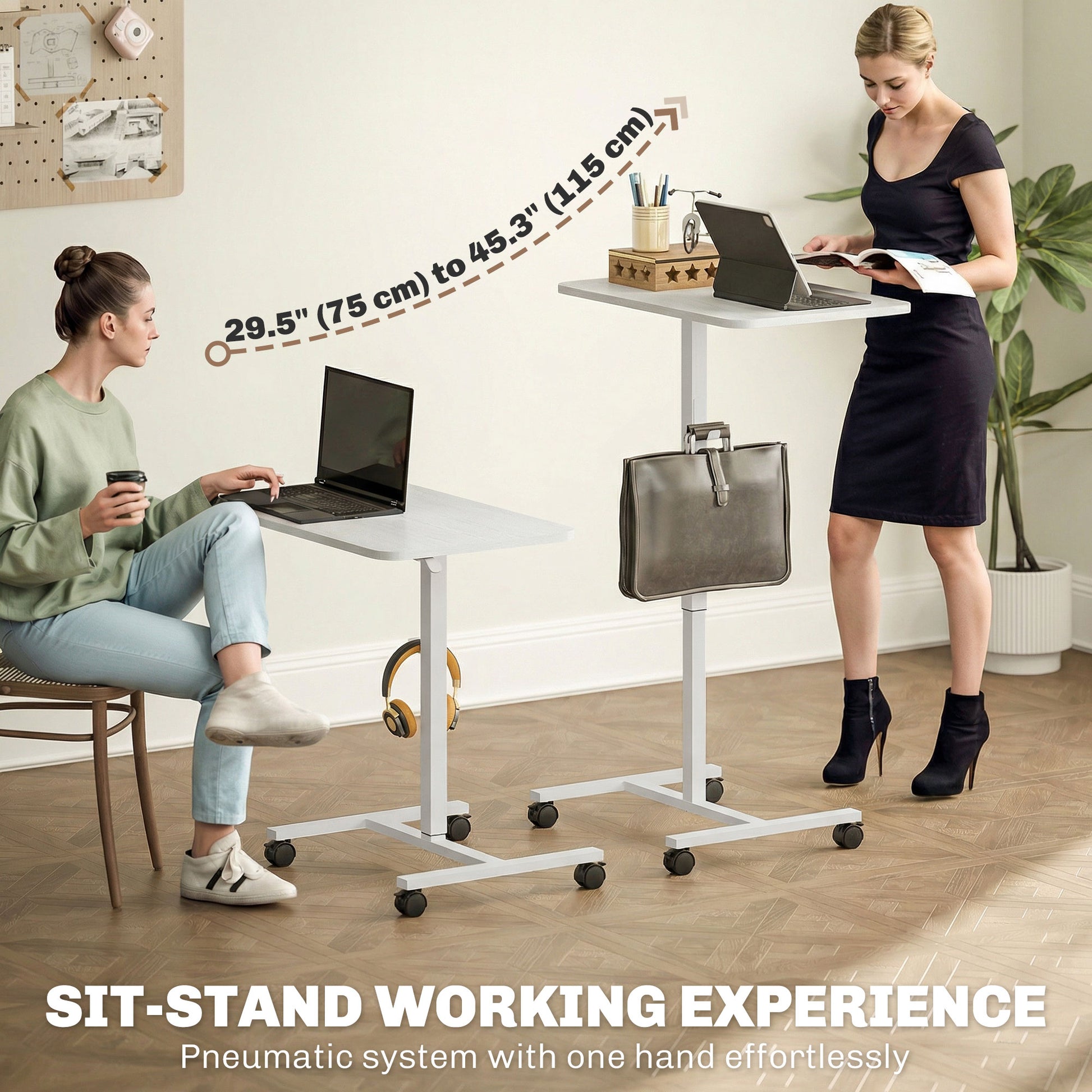 Height Adjustable Standing Desk, Pneumatic Sit Stand Desk with Wheels and Headphone Hook, White Wood Grain