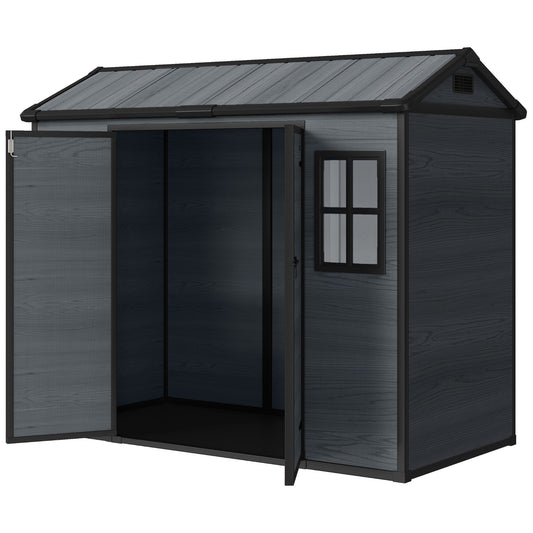 8 x 4 ft Resin Garden Shed, Wood-Effect Outdoor Storage Shed with Floor, Windows, Lockable Doors and Vents, Dark Grey