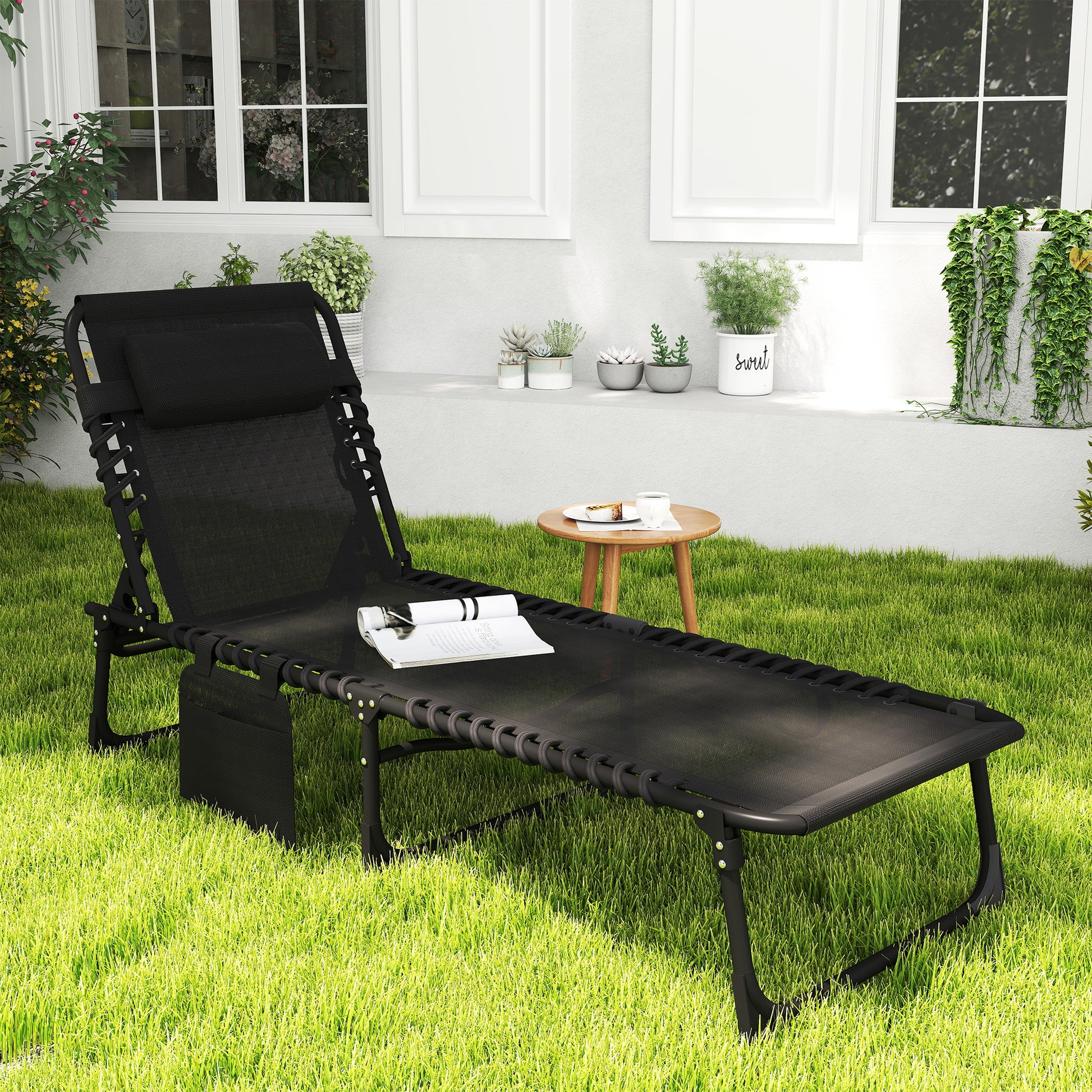 Outdoor Folding Chaise Lounge, Reclining Lounge Chair with Adjustable Backrest and Removable Pillow, Black